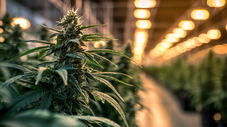 Close-up view of a thriving cannabis plant in a well-lit indoor environment, showcasing detailed leaves and growth under artificial lights.の素材