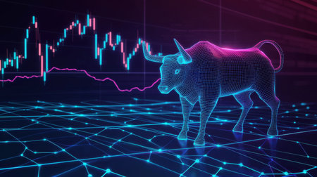 A striking digital bull stands in front of a vibrant financial background, symbolizing market growth and investment potential in today's tech-driven economy.の素材