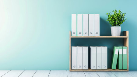 A modern shelf displaying neatly arranged folders and a vibrant green plant, set against a calming blue wall. This image evokes organization and creativity.の素材