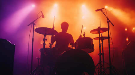 A striking silhouette of a drummer surrounded by vibrant stage lights creates a captivating scene at a live music performance, highlighting artistry.の素材