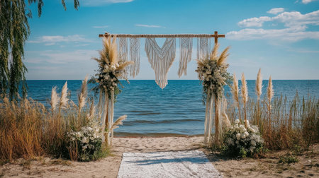 A beautiful beach wedding arch adorned with creamy floral arrangements and macrame accents under a bright sky by the serene water.の素材