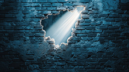 A captivating image showcasing light beams streaming through a cracked wall in an abandoned setting, creating an atmosphere of hope and mystery.の素材