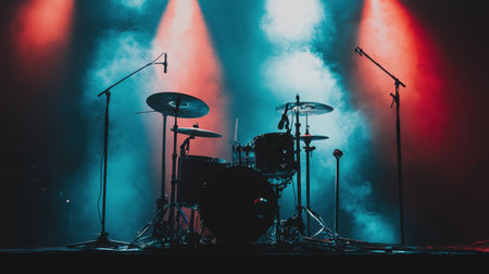 An empty drum set awaits on the stage surrounded by colorful lights and fog, setting the mood for an electrifying music performance.の素材