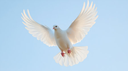 A stunning white dove captivates the viewer as it soars gracefully against a serene blue sky, embodying symbols of freedom and peace.の素材
