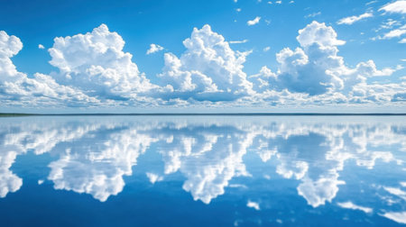 Experience a stunning view of fluffy clouds reflected in a calm water surface, capturing the beauty of nature under a bright blue sky.の素材