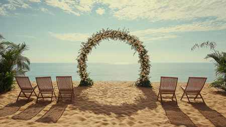 This stunning beach wedding setup features a beautiful floral arch, wooden chairs, and a breathtaking ocean view, perfect for romantic ceremonies.の素材