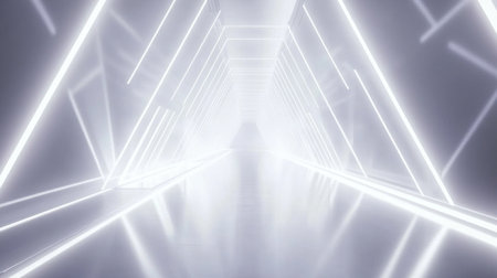 Explore a futuristic corridor filled with bright white lights and reflections, creating a stunning visual for modern design projects and creative inspiration.の素材