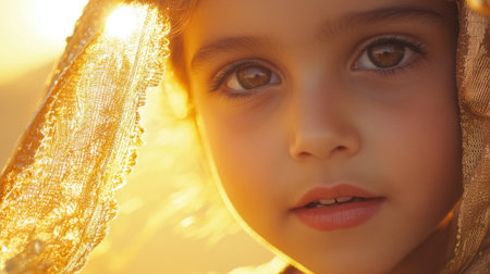A captivating close-up portrait of a young girl illuminated by soft sunlight, showcasing her expressive eyes and a delicate fabric framing her face.の素材