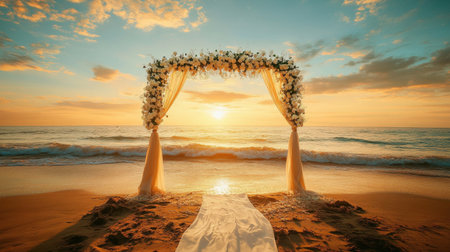 A stunning beach wedding setup featuring an elegant floral arch as the sun sets over the ocean, creating a magical atmosphere for love and celebration.の素材
