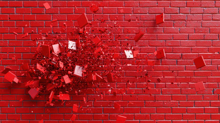 This stunning image features an explosion of shimmering red cubes against a rich red brick wall, evoking energy and creativity. Perfect for modern design projects.の素材