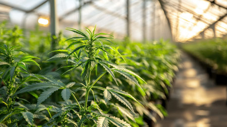 A vibrant greenhouse showcases healthy cannabis plants thriving under natural light. This image captures the essence of agriculture in a controlled environment.の素材