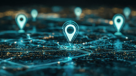 Explore the integration of geolocation technology with light markers over a shimmering urban landscape, illustrating ideal navigation concepts.の素材