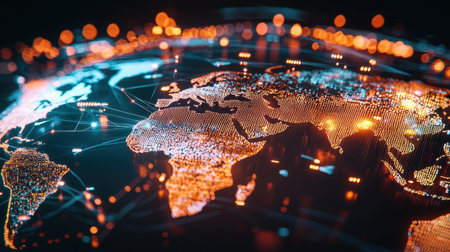This image showcases a vibrant digital representation of the world map, illuminated by colorful lights that symbolize global connectivity and data flow.の素材