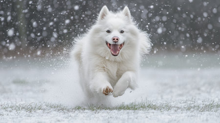 A joyful white dog bounds through a snowy landscape, bringing a sense of joy and energy to a serene winter scene filled with falling snowflakes.の素材