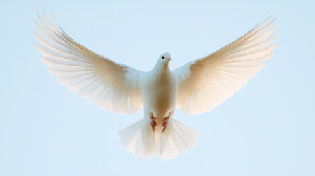 A stunning image of a white dove soaring gracefully against a clear blue sky, embodying freedom and peace in its elegant flight.の素材