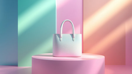 This image features an elegant minimalist handbag placed on a round pedestal, surrounded by soft pastel backgrounds and gentle lighting. Perfect for fashion displays.の素材