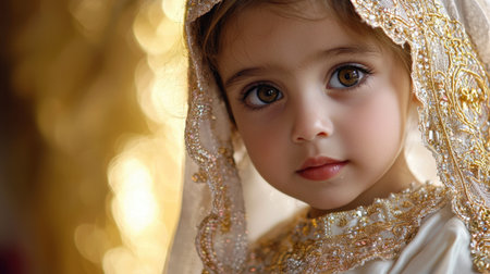 A captivating portrait of a young girl in traditional dress, showcasing intricate details of her headpiece and warm, glowing background, embodying innocence.の素材