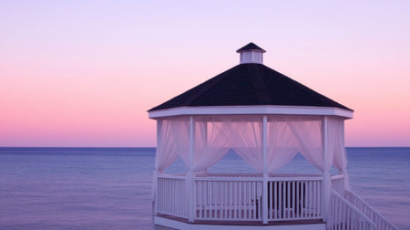 A tranquil ocean gazebo captured during sunset, showcasing delicate drapes and a serene atmosphere with beautiful hues of purple and pink in the sky.の素材