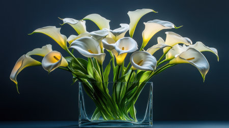 A stunning display of white calla lilies in a clear glass vase, illuminated softly against a dark background, showcasing elegance and beauty.の素材