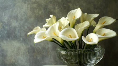 A stunning arrangement of white calla lilies in a clear glass vase creates a refined atmosphere. The soft, textured background enhances the beauty of the flowers, making it perfect for various decorative themes.の素材