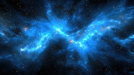 This mesmerizing image showcases a vibrant cosmic nebula filled with brilliant blue gas clouds and distant twinkling stars, embodying the beauty of deep space.の素材