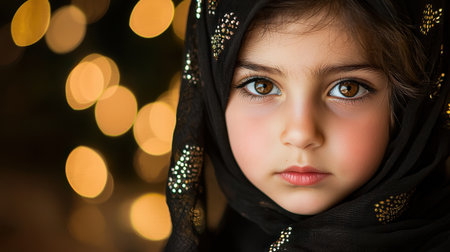 A captivating portrait featuring a young girl with a gentle expression, wearing a black headscarf, set against a dreamy bokeh background, capturing the essence of childhood.の素材