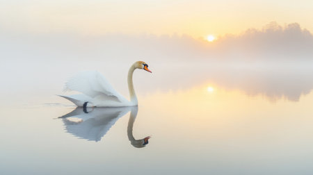 A graceful swan swims through a foggy lake at sunrise, surrounded by soft hues and gentle reflections, creating a serene and tranquil scene in nature.の素材