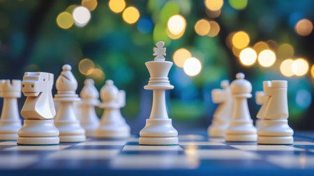 An elegant chess game setup featuring ivory pieces on a board, enhanced by a soft focus background with bokeh lights, creating an inviting outdoor atmosphere.の素材