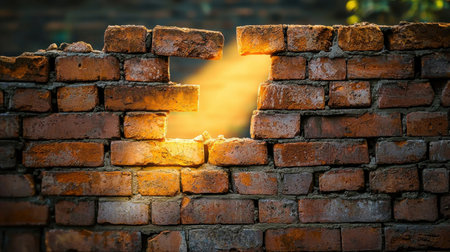 A captivating scene of a broken brick wall allowing natural light to filter through, highlighting the textures and details of urban decay.の素材