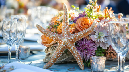 A stunning starfish centerpiece embellished with vibrant flowers creates an inviting and elegant atmosphere for any special event, enhancing the overall decor.の素材