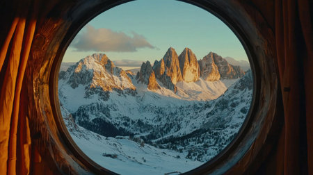 Experience the stunning beauty of a snow-covered mountain landscape framed by a round window, capturing the serene essence of winter at sunset.の素材