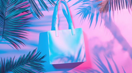 A stylish white tote bag positioned against a vibrant backdrop of tropical palm leaves, illuminated by colorful neon lighting, perfect for summer aesthetics.の素材