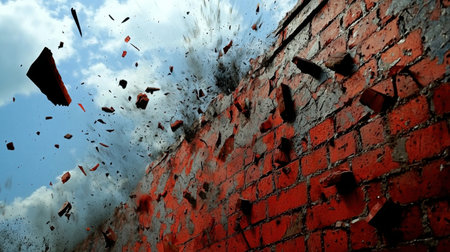 A powerful image showcasing the dramatic explosion of a red brick wall, with debris flying against a vibrant blue sky, capturing energy and destruction.の素材