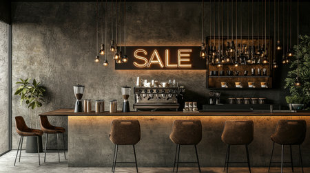 A contemporary coffee shop interior featuring a sleek bar with a glowing sale sign, inviting seating, and warm lighting, perfect for a relaxing atmosphere.の素材