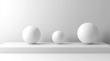A serene arrangement of three white spheres on a sleek white surface, embodying minimalist design principles. Perfect for artistic and commercial uses.の素材