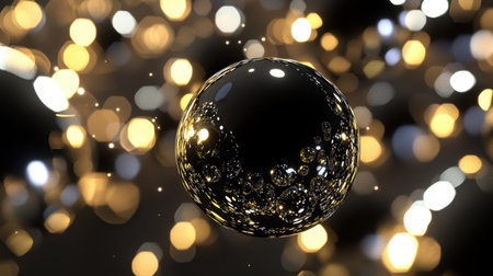 A captivating black sphere floats amidst a dazzling array of golden lights, creating an enchanting abstract backdrop that exudes elegance and modern design.の素材
