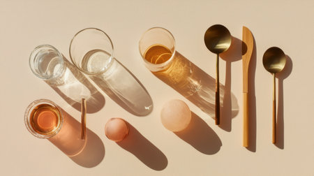 A serene and stylish arrangement of glasses and cutlery on a soft surface, showcasing modern design elements. Ideal for dining and kitchen themes.の素材