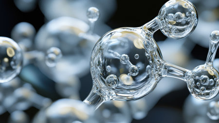 Explore a detailed 3D representation of a molecular structure featuring transparent spheres that evoke a sense of science and discovery in a soft-focus background.の素材