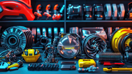 An organized workspace showcasing a diverse array of automotive and mechanical parts, tools, and components. Perfect for illustrating industry, innovation, and expertise.の素材