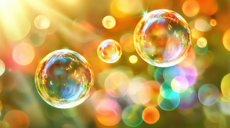 This image captures vibrant bubbles floating in a soft, glowing atmosphere. The colorful reflections and bubbles create a magical and serene scene, perfect for various design projects.の素材