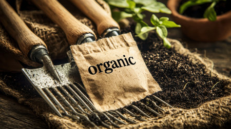 Capture the essence of organic gardening with this image featuring essential tools and a seed packet on rich, dark soil. Perfect for promoting sustainable practices.の素材