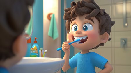 A cheerful boy brushes his teeth while smiling at his reflection in the mirror. This animated scene captures the importance of dental hygiene in a playful and colorful bathroom setting.の素材