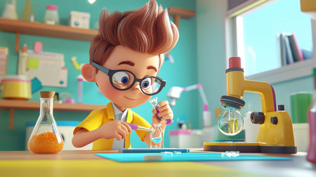 A young boy in glasses joyfully conducts a science experiment in a bright, colorful laboratory, surrounded by various tools and materials for discovery and learning.の素材