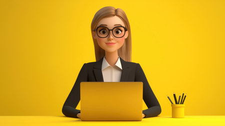 A cheerful professional woman wearing glasses sits at her desk with a laptop. The bright yellow color theme creates an inviting atmosphere ideal for productivity and creativity in a modern workspace.の素材