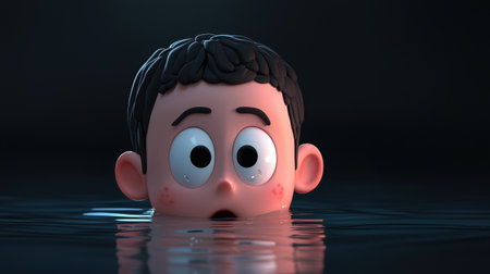 A charming animated boy emerges from water, showcasing a surprised expression. This illustration captures innocence and wonder, making it ideal for storytelling.の素材
