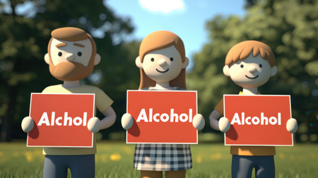 Colorful illustration features three cartoon characters in a park holding signs promoting alcohol awareness. This fun and engaging image captures community spirit and healthy communication.の素材