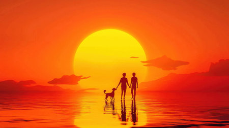 A striking silhouette of a family holding hands with a dog, set against a vibrant sunset. This tranquil scene captures the essence of love, connection, and peaceful moments in nature.の素材