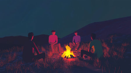 A serene night scene featuring four friends sitting around a campfire. The glowing flames illuminate their relaxed faces as they enjoy the tranquility of nature.の素材