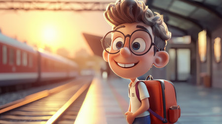A vibrant cartoon illustration of a cheerful boy with glasses, waiting at a train station platform. The character is ready for an exciting journey, capturing a sense of adventure and youthful innocence.の素材