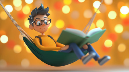 A joyful young boy enjoys reading a book in a hammock surrounded by colorful lights. This charming scene captures relaxation and imagination, perfect for kids.の素材